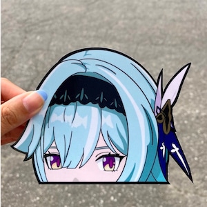 May include: A sticker featuring a cartoon character with light blue hair, purple eyes, and a black headband. The character is peeking out from behind a white surface.