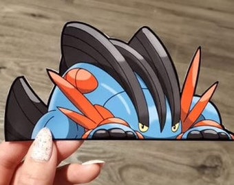 May include: A blue and orange Pokemon character with black hair peeks out from behind a surface. The character has large, yellow eyes and a menacing expression.