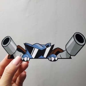 May include: A blue cartoon character with sunglasses peeking over a white surface. The character has two large gray exhaust pipes on either side of it.