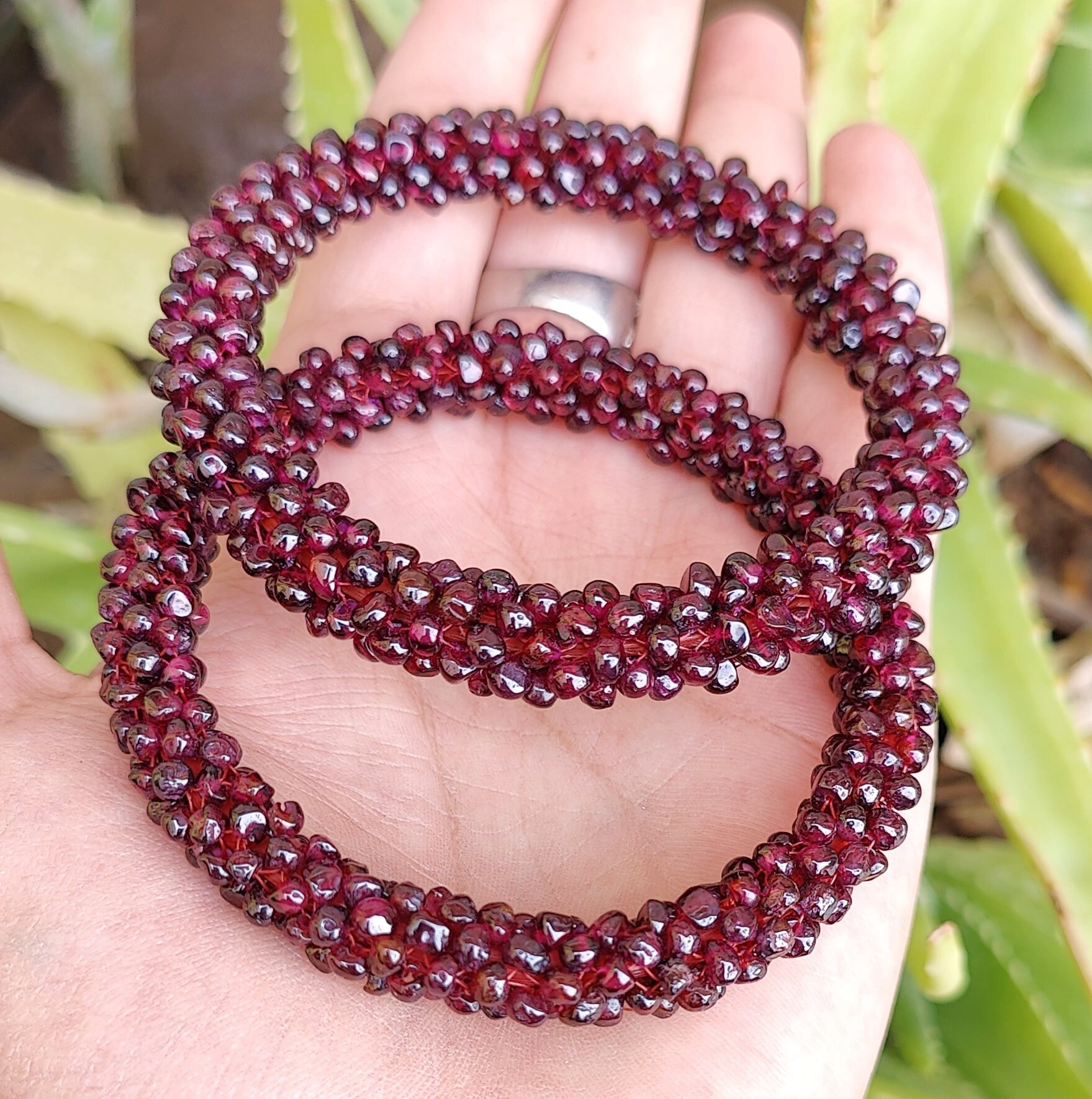 Natural Garnet Bangle 1 Bangle Vintage Almandine Braided Garnet Bangle Handmade Woven Garnet Beads Bangle, Garnet Beaded Bangle