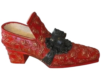 Vintage 1950s-70s Victorian-Style Red Plaster Shoe Planter with Gold Roses & Bow – Statement Decor