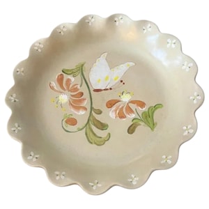 Vintage 1985 Handpainted Stoneware Pie Plate | Ruffled Floral Butterfly Deep Dish | Signed Oven Safe Cottagecore Bakeware