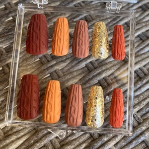 Fall Acrylic Nails | Brown Neutral Knit Sweater Press-ons| Autumn | Orange