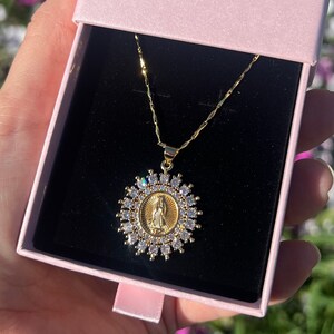 18k Sol Necklace, Virgen de Guadalupe, Zirconia diamonds, Gifts for her