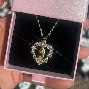 18k Gold Virgin Mary Necklace: Cubic Zirconia Heart Pendant