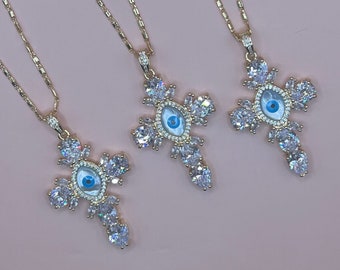 24k Gold Enchanted Evil Eye Cross Necklace ⦿ Cubic Zirconia, Gifts for her, Religious Necklace