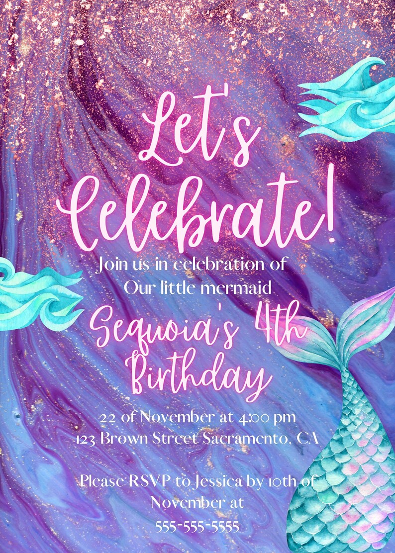 Digital Mermaid Birthday Invitation, Purple Turquoise Sparkle, Digital