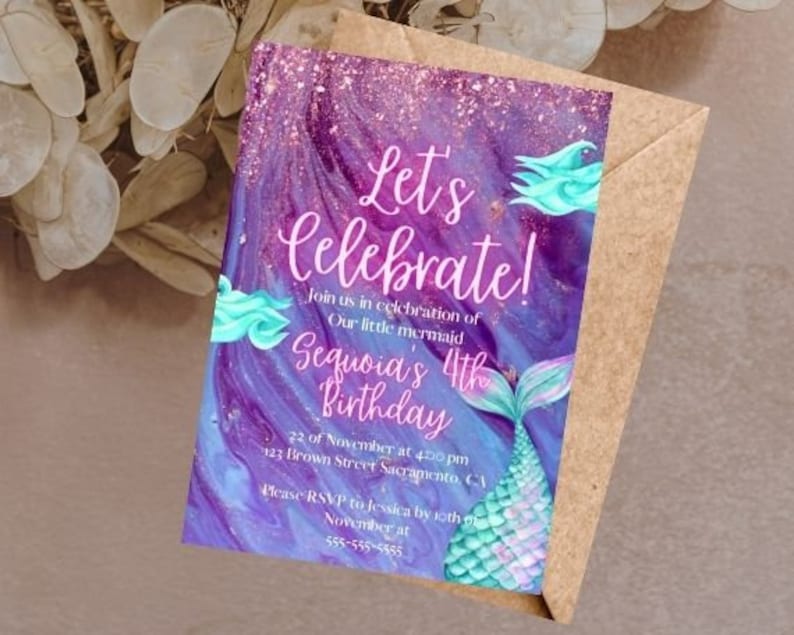 Digital Mermaid Birthday Invitation, Purple Turquoise Sparkle, Digital
