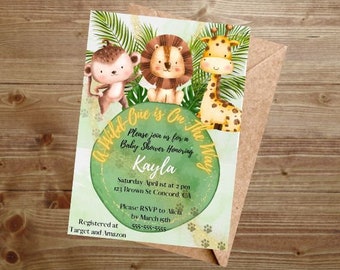 May include: A green and gold baby shower invitation with a jungle theme. The invitation features a lion, monkey, and giraffe with the text "A Wild One is On The Way" and "Please join us for a Baby Shower Honoring Kayla".