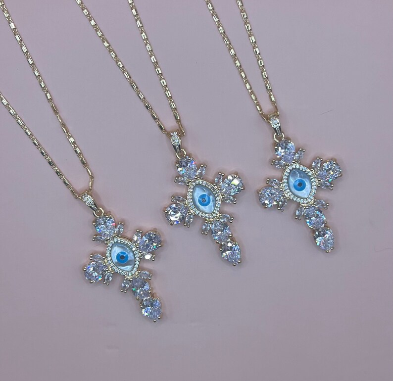 24k Gold Enchanted Evil Eye Cross Necklace Cubic Zirconia, Gifts for