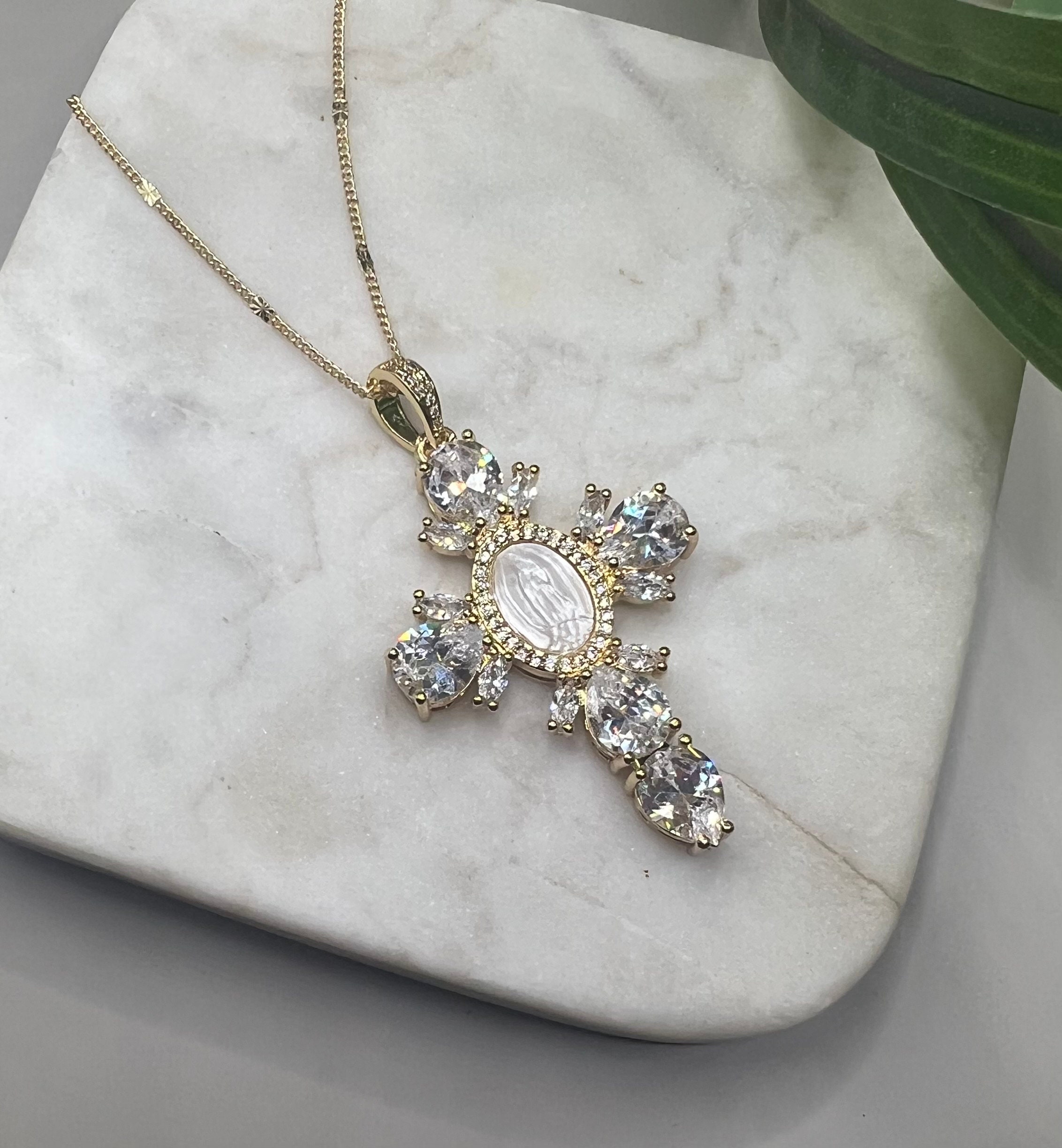 24k Gold Plated Cross Necklace: Cubic Zirconia Virgin Mary Pendant - Etsy