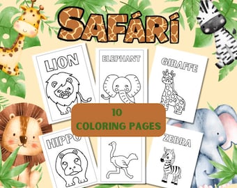 Peut inclure: Dix pages à colorier en noir et blanc représentant des animaux de la savane, dont un lion, un éléphant, une girafe, un hippopotame, une autruche et un zèbre. Le titre "SAFARI" est écrit en lettres brunes avec un motif d'impression animal brun et blanc.
