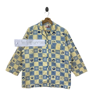 PINGU Penguin Cartoon Overprint Check Tartan Blue Camisa de manga larga
