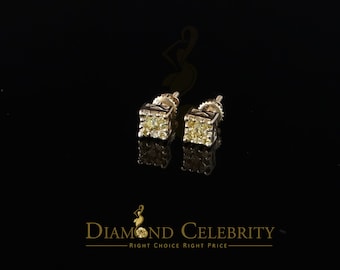 Diamond Celebrity&#39;sMens Elegant Square Yellow 925 Sterling Silver Screw Back HipHop CZ Stud Earring
