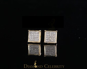 Real 10k Yellow Gold Square Stud Earrings with 0.15CT Real Diamonds