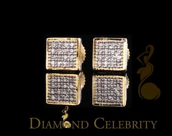 Real 10K Yellow Gold Square Earrings with 0.10CT Real Diamonds