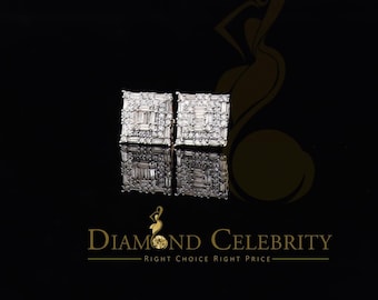 10K Real Yellow Gold with 0.75 CT Real Diamond Square Stud Earrings