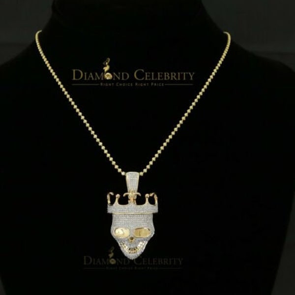 Diamond Celebrity's Yellow Sterling Silver Skull Crown Hat sign Pendant with 3.34ct Cubic Zirconia