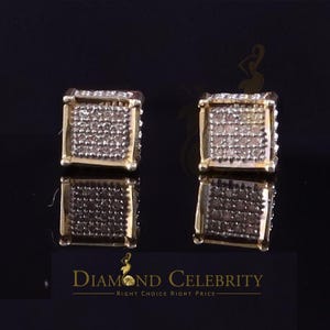 Diamond Celebrity&#39;s Micro Pave 0.10ct Real Diamond 925 Yellow Silver Women&#39;s & Men&#39;s Square Earrings