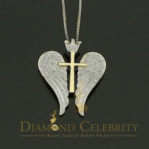 Diamond Celebrity,&#39;s Real 0.44ct Diamond 925 Sterling Silver CROSS with WINGS Necklace Yellow Pendant