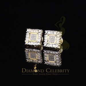 0.15ct Diamond 925 Yellow Silver Hip Hop Square Earrings For Women&#39;s & Men&#39;s