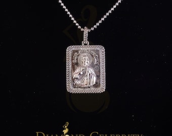 Diamond Celebrity&#39;s Men&#39;s 925 San Judas Silver 0.66ct CZ Square 1.00 inch SAINT JUDE White Pendant