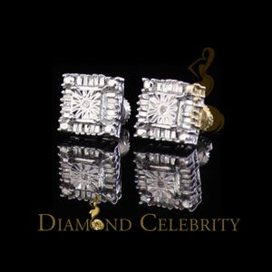 0.10ct Diamond 925 White Silver Hip Hop Square Earrings For Women&#39;s & Men&#39;s