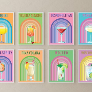 Cocktail Print Set of 8, Colorful Bar Cart Gallery Wall Set, DIGITAL DOWNLOAD, Retro Cocktail Posters, Bar Printable Art, Drinks Wall Decor