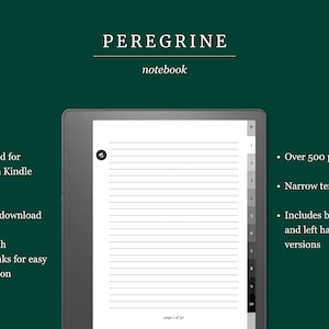 Op de afbeelding: Een zwart-wit afbeelding van een Kindle e-reader die een pagina van een notitieboek met gestreept papier weergeeft. De tekst "PEREGRINE notebook" staat bovenaan de afbeelding. De tekst "page 1 of 500" staat onderaan de afbeelding. De afbeelding is omgeven door een groene achtergrond met tekst die de kenmerken van het notitieboek beschrijft.