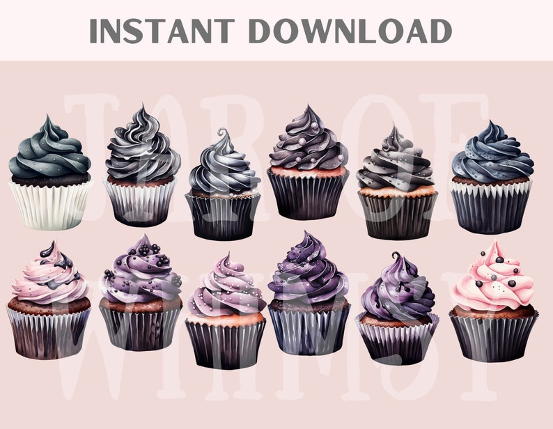 Watercolour Gothic Cupcake Clipart Black Birthday Cake PNG Digital ...