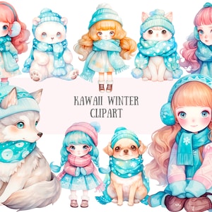 Acuarela Kawaii Invierno Clipart Lindo Chibi Invierno Chicas PNG Descargas de imágenes digitales para hacer tarjetas Scrapbook Junk Journal Paper Crafts