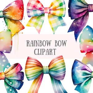 Acuarela Rainbow Bows Clipart - Rainbow Candy Bow PNG Descargas de imágenes digitales para la fabricación de tarjetas, álbum de recortes, diario basura, artesanías de papel