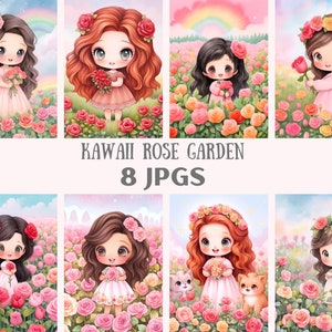 Aquarell Kawaii Rose Garten Clipart niedlichen Chibi Mädchen JPG digitales Bild Downloads für die Kartenherstellung Scrapbook Junk Journal Papierhandwerk