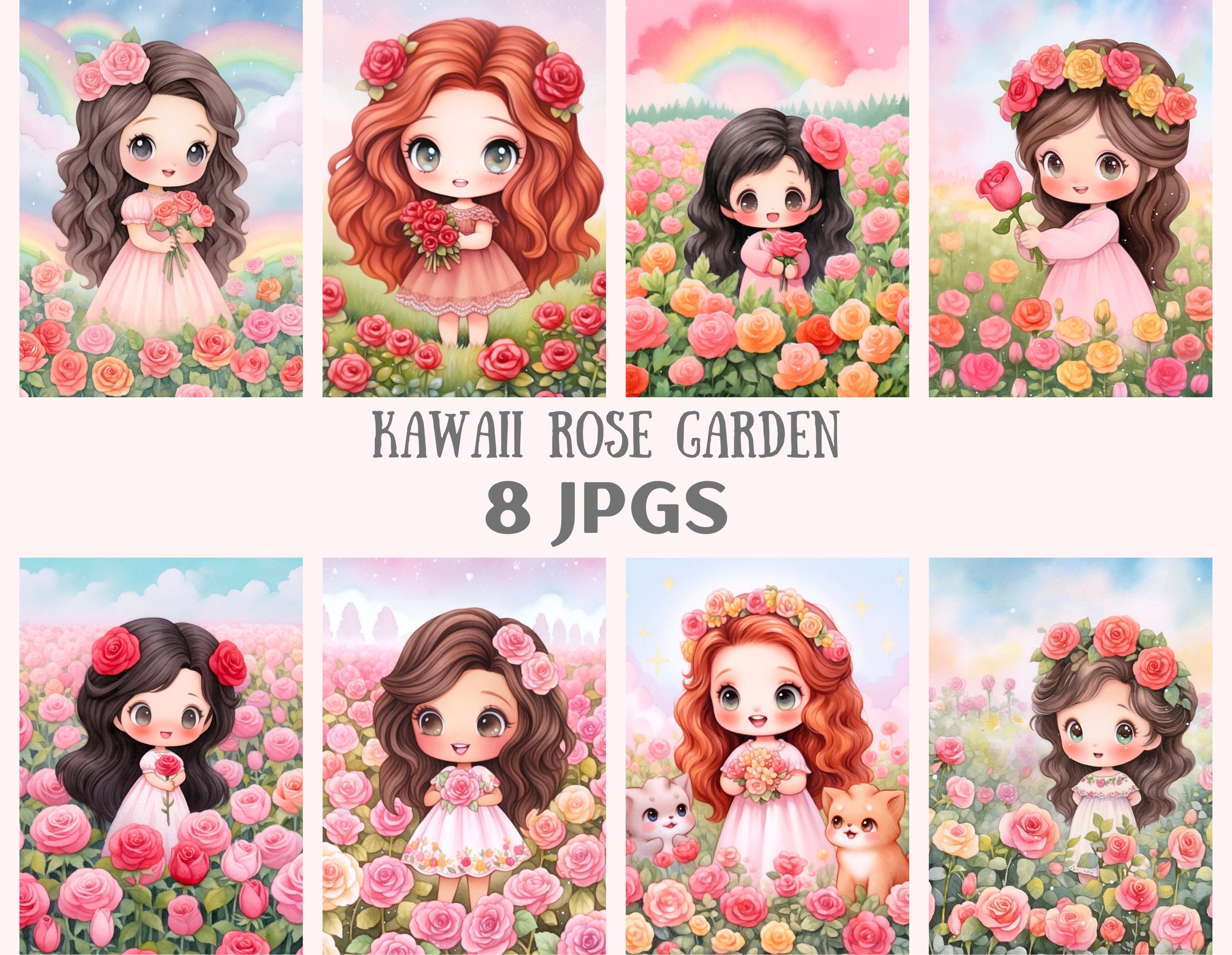 Watercolour Kawaii Rose Garden Clipart Cute Chibi Girl JPG Digital Image Downloads for Card Making Scrapbook Junk Journal Paper Crafts