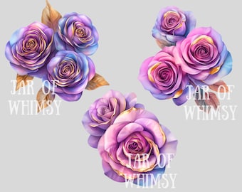 アクリルのバラ 紫とピンク 水彩画の紫と金のバラのクリップアート、花の花束、PNG デジタル画像の