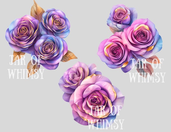 超美品！原画　最高級プラチナ箔を押したピンクと紫の薔薇　箔押し　アクリル画　絵画 水彩画の紫と金のバラのクリップアート、花の花束、PNG デジタル画像の
