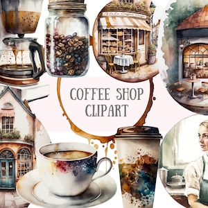 Acuarela Cafetería Clipart Café PNG Descargas de imágenes digitales para hacer tarjetas Scrapbook Junk Journal Paper Crafts