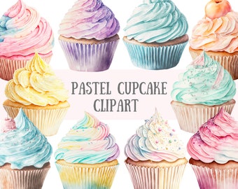 Watercolour Pastel Cupcake Clipart - Rainbow Birthday Cake PNG Digital Image Downloads for Card Making, Scrapbook, Junk Journal Paper Crafts