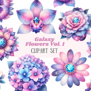 Aquarell Galaxy Blumen Clipart Frühling Blumen Elemente PNG digitale Bild-Downloads für die Kartenherstellung Scrapbook Junk Journal Papierhandwerk