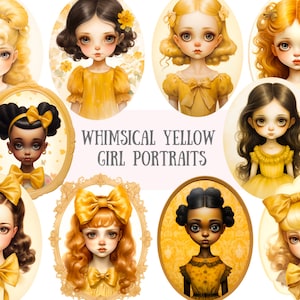Aquarelle lunatique fille jaune Clipart mode vintage PNG Image numérique à télécharger pour la fabrication de cartes Scrapbook Junk Journal artisanat en papier