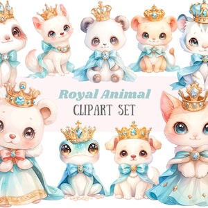 Aquarelle Royal Animal Clipart Kawaii bleu princesse animaux PNG Image numérique à télécharger pour la fabrication de cartes, scrapbooking, journal indésirable, créations en papier
