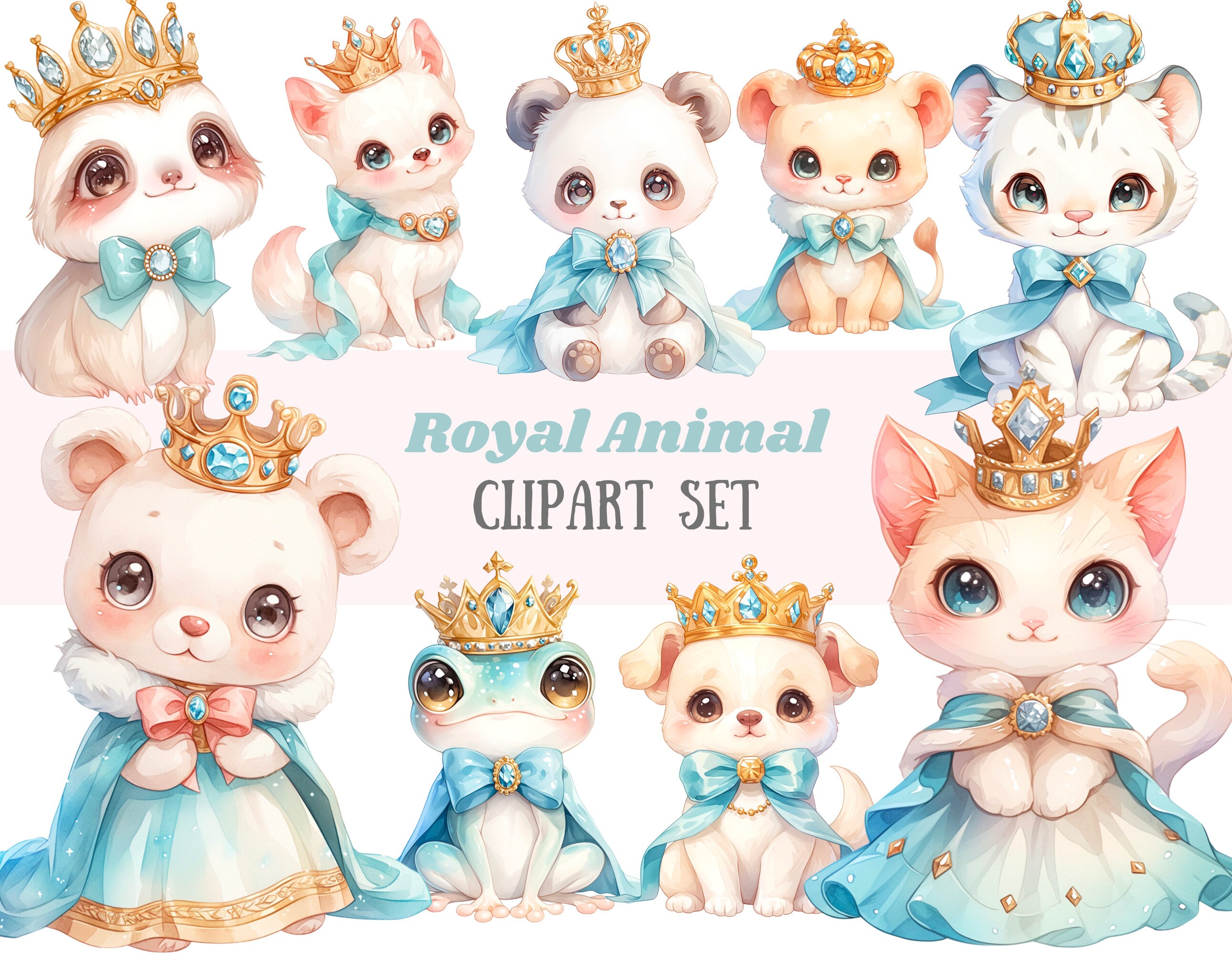 Watercolour Royal Animal Clipart Kawaii Blue Princess Animals PNG Digital Image Download for Card Making Scrapbook Junk Journal Paper Craft