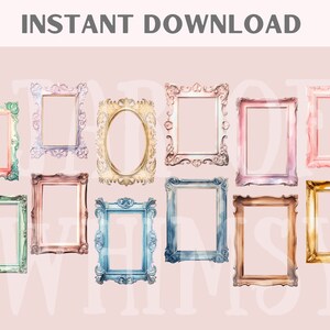May include: A set of 10 watercolor painted picture frames in various colors, including pink, blue, green, and gold. The frames are all ornate and have a vintage feel.