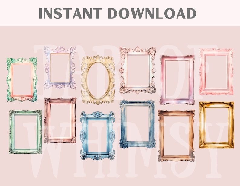 May include: A set of 10 watercolor painted picture frames in various colors, including pink, blue, green, and gold. The frames are all ornate and have a vintage feel.