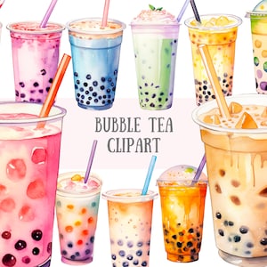 Aquarel bubble thee clipart kawaii boba thee melk thee digitale afbeelding PNG downloads voor kaarten maken plakboek ongewenste dagboek papier ambachten