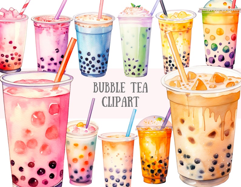 May include: A collection of ten watercolor illustrations of bubble tea drinks in various colors and flavors. The illustrations are in a cartoon style and feature tapioca pearls. The text "BUBBLE TEA CLIPART" is written in the center of the image.