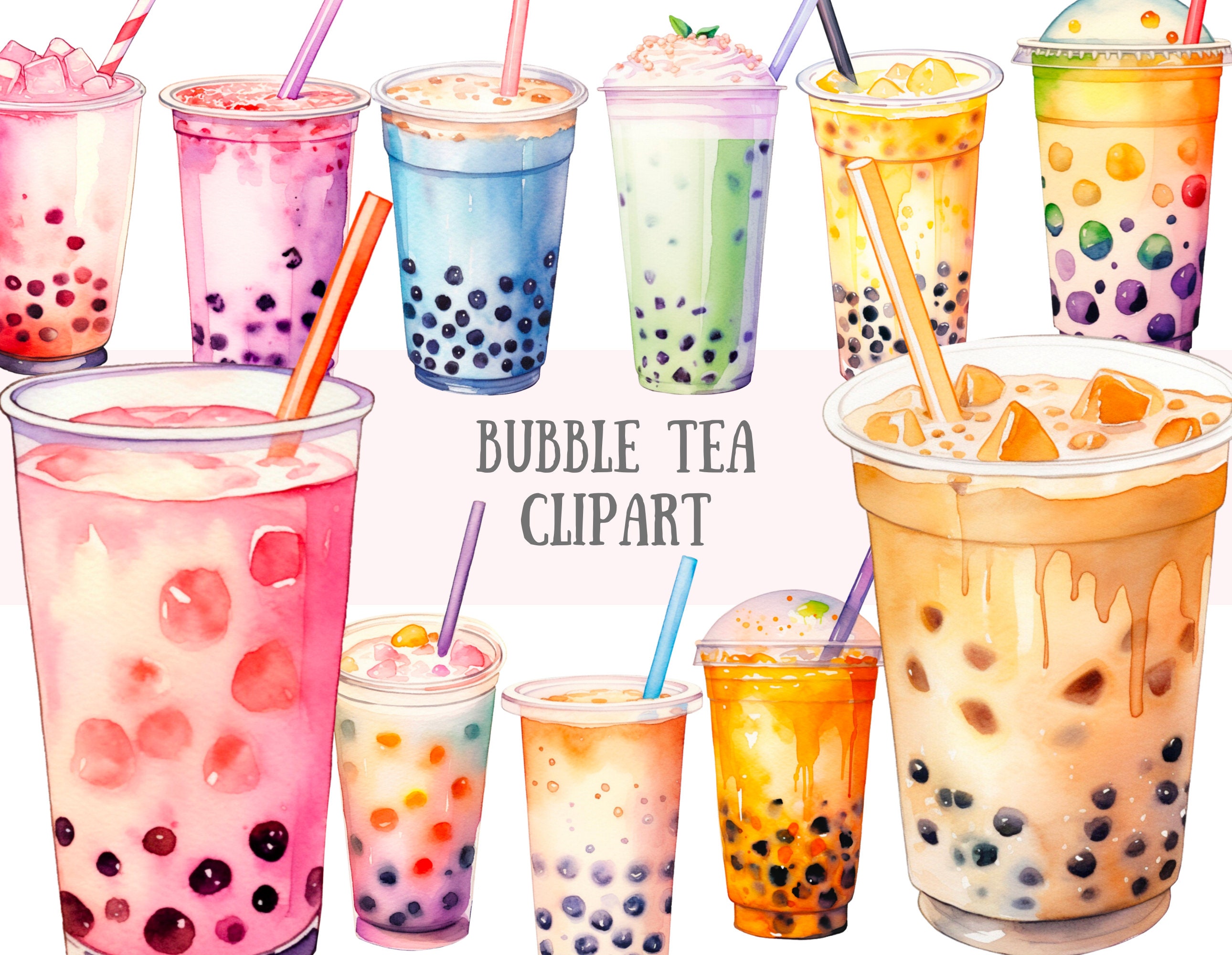 Watercolour Bubble Tea Clipart Kawaii Boba Tea Milk Tea PNG 