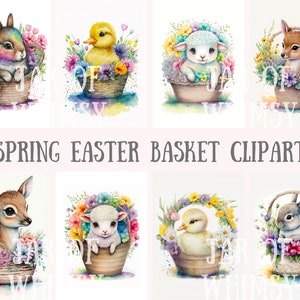 Aquarell Frühling Osterkorb Clipart - Ostertiere PNG digitale Bild-Downloads für die Kartenherstellung, Scrapbook, Junk Journal, Papierhandwerk