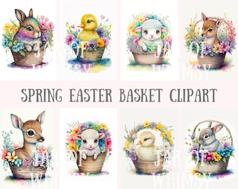 Watercolour Spring Easter Basket Clipart - Easter Animals PNG Digital Image Downloads for Card Making, Scrapbook, Junk Journal, Paper Crafts