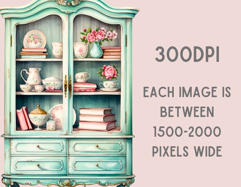 Pu&ograve; includere: Un mobile vintage color verde acqua con ante e cassetti in vetro. L'armadio &egrave; pieno di libri, tazze da t&egrave; e composizioni floreali.